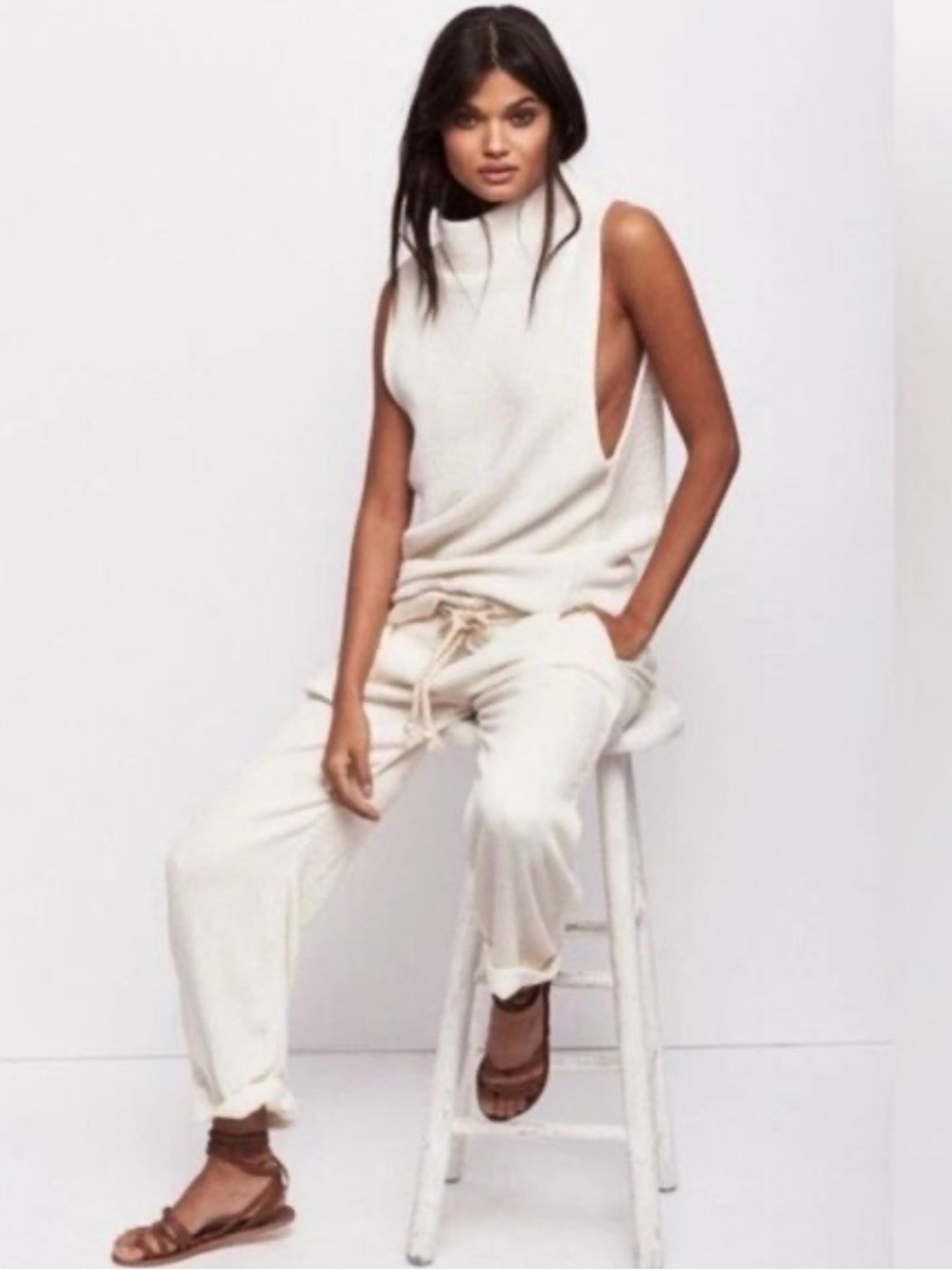 Free People Cream Sleeveless Ribbed Turtleneck Tunic Sweater XS